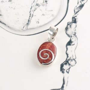 Anhänger 925 Silber Koralle Rot mit Spirale oval