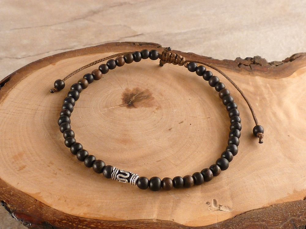 Armband mit Holzperlen und 925 Silber Bali Perle – Bild 2